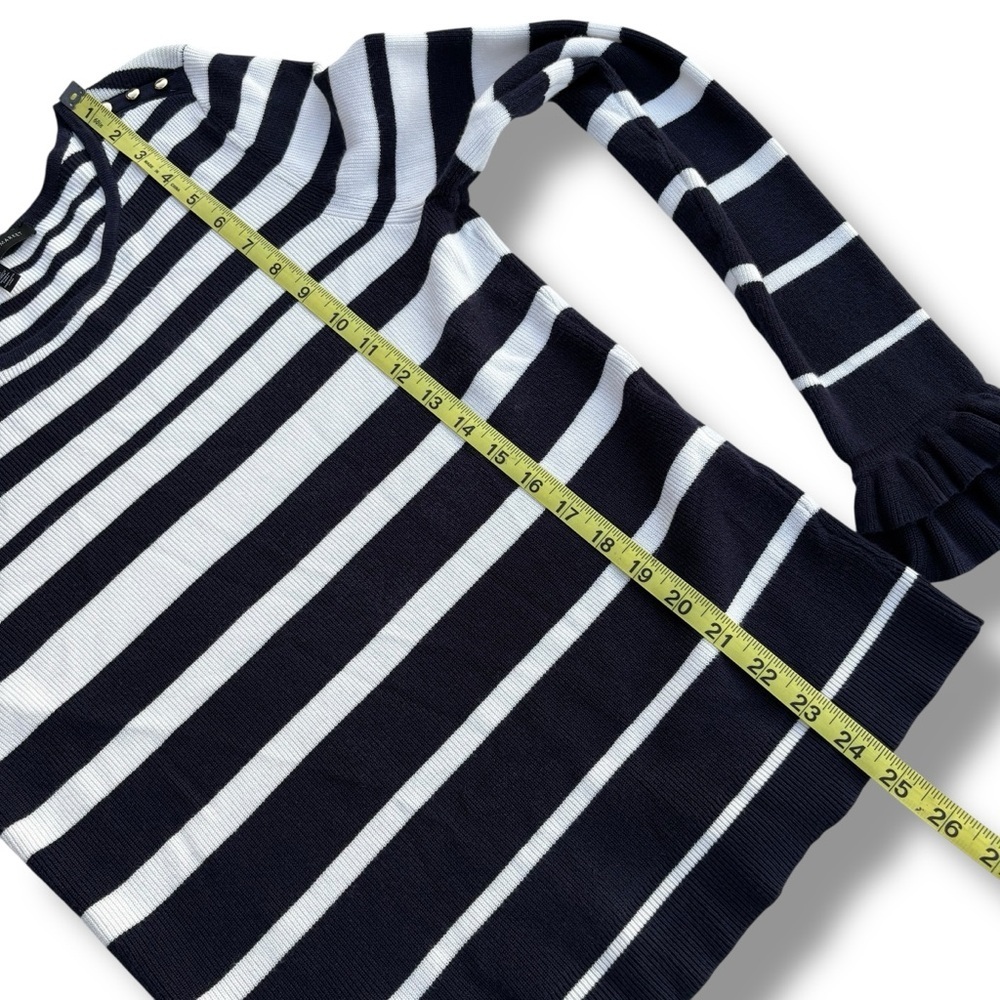 White House Black Market Navy White Stripe Ruffle Cuff Sweater Medium - Picture 8 of 9